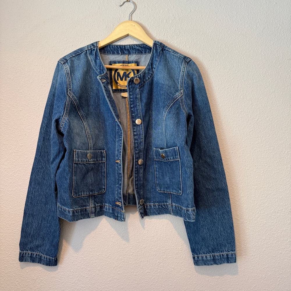 Michael Kors Blue Denim Jacket Collarless Snap Front XL Medium Wash Cotton